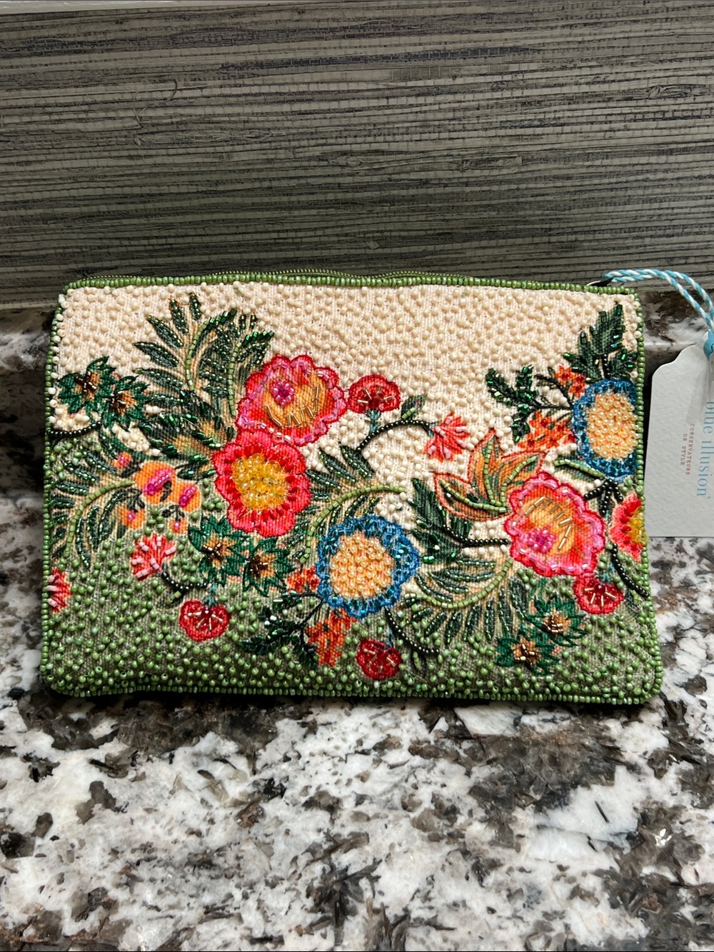 Floral Beaded Clutch - Green & Cream - Picture 2 of 8